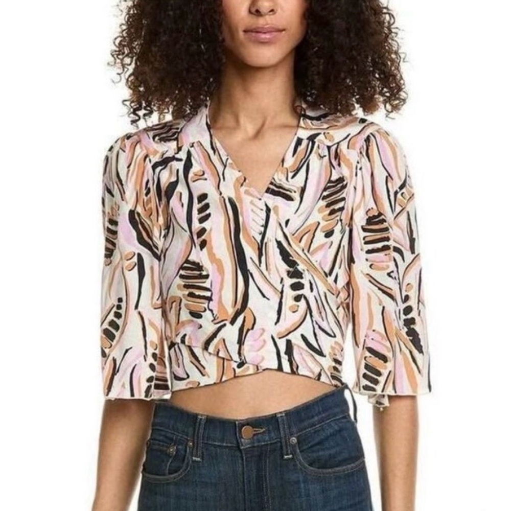Ba&sh Tonka Cropped Wrap Top Flowy Sleeves Pink Abstract Print Women’s Size XS/2